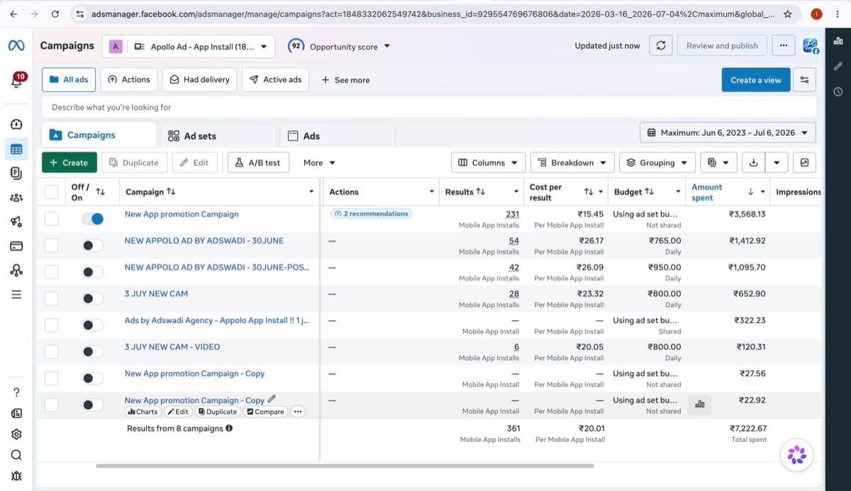Meta Ads Manager showing App Install campaigns with 361 total installs